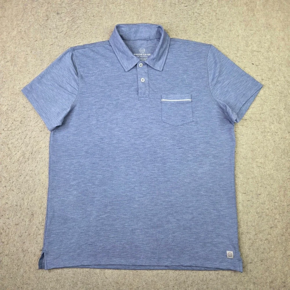 Marine Layer The Air Polo Shirt Mens M/L Blue Tencel Blend Pocket Short Sleeve